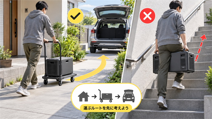重量のあるポータブル電源を台車で車まで運ぶ経路と階段を比較したイメージ