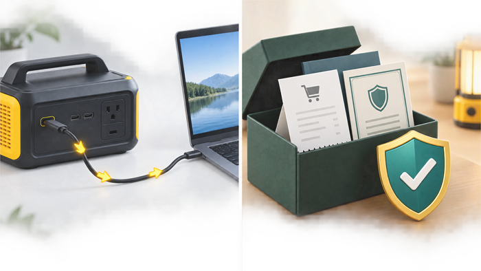 USB-Cからノートパソコンへ給電する向きと購入証明を保管するイメージ