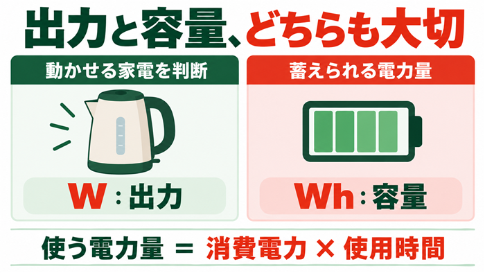 出力Wは動かせる家電、容量Whは蓄えられる電力量を示し、使用電力量は消費電力と使用時間で計算する