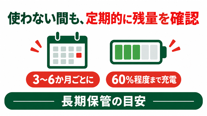 BLUETTI AORA 100 V2の長期保管では3～6か月ごとに残量を確認し、60％程度まで充電する