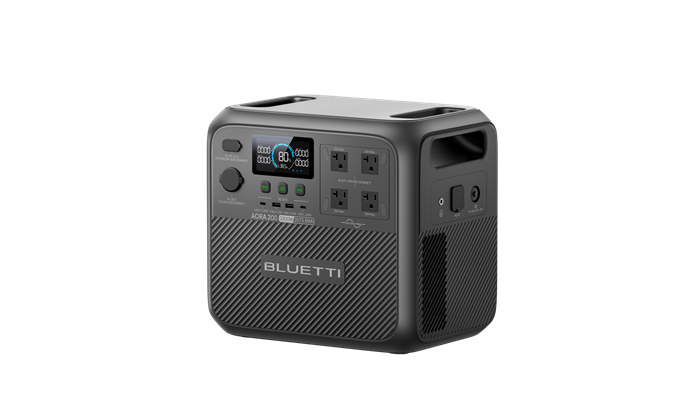 BLUETTI AORA 200の右側面。持ち運び用の持ち手、AC入力、通気口が見える
