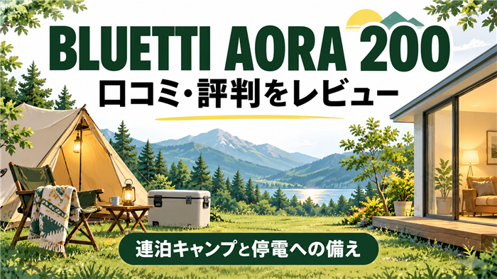 BLUETTI AORA 200の口コミ・評判を紹介するアイキャッチ。連泊キャンプのテントと停電への備えを描いたイラスト