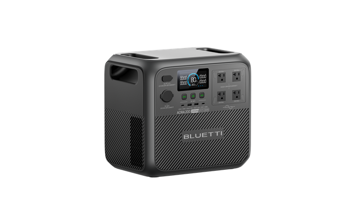 BLUETTI AORA 200の左側面と正面。側面の通気口と、上部・側面の持ち手が見える