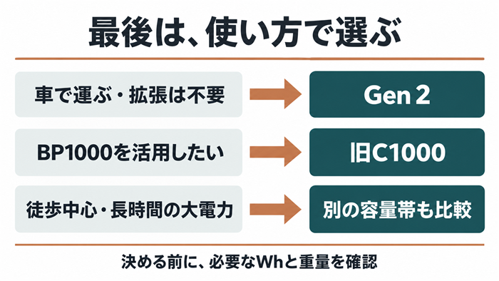 車移動で拡張不要ならGen 2、BP1000活用なら旧型、徒歩や大電力用途は別容量帯も比較する