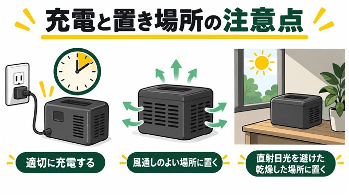 充電、通気の確保、直射日光を避けた設置を表す説明イラスト