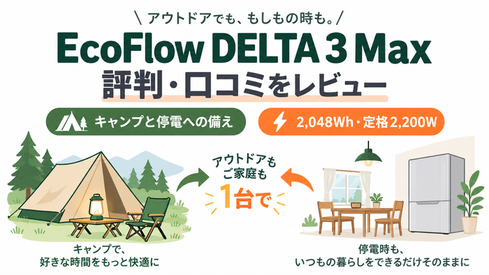 EcoFlow DELTA 3 Maxの評判・口コミレビュー。キャンプと停電への備えをテーマにした記事のアイキャッチ