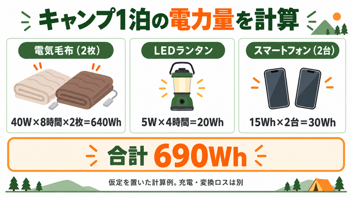 電気毛布2枚640Wh、LED照明20Wh、スマホ2台30Whで、キャンプ1泊に690Whを使う仮定の計算図