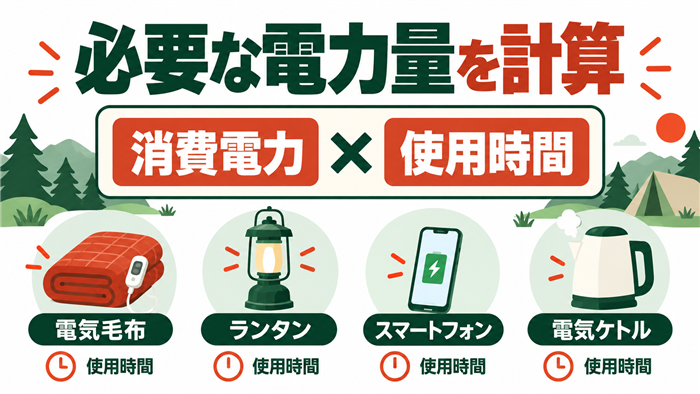家電の消費電力に使用時間を掛けて必要な電力量を計算する