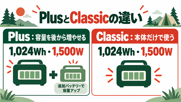 Plusは追加バッテリーで容量拡張が可能、Classicは非対応で、単体の容量と定格出力は同じ