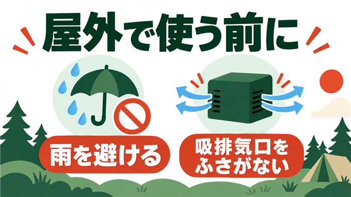 屋外では雨を避け、吸排気口をふさがないように設置する