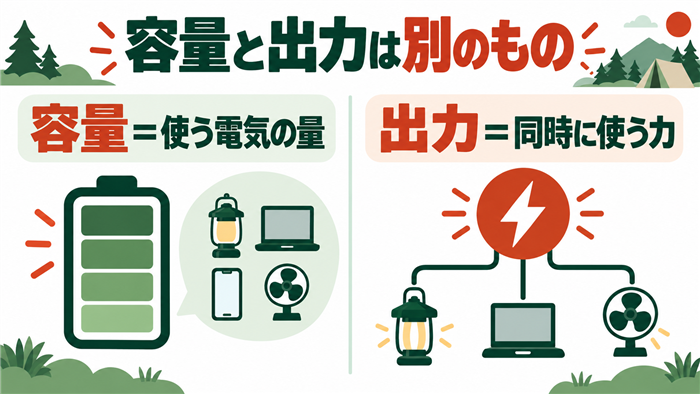 容量は使う電気の量、出力は同時に使う家電の消費電力を判断する目安
