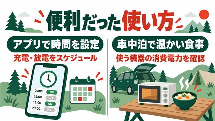 アプリで充放電の時間を設定し、車中泊では対応する電子レンジで食事を温める活用例