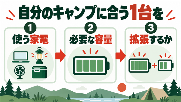 使う家電、必要な容量、拡張するかの順にポータブル電源を選ぶ