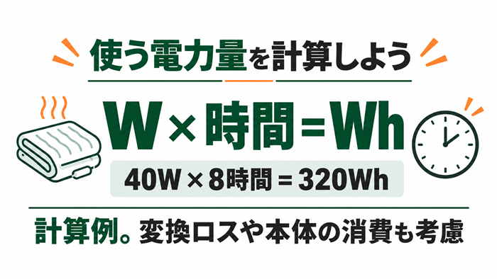 使用電力量はW×時間で求める。40Wを8時間使う計算例は320Whで、変換ロスや本体消費も考慮する