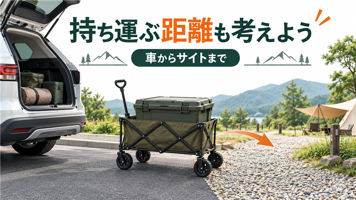 重いキャンプ用品を運ぶ際は、車からサイトまでの距離や路面も確認する