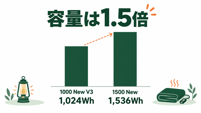 Jackery 1000 New V3の1,024Whに対し、Jackery 1500 Newは1.5倍の1,536Wh
