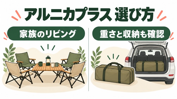アルニカプラスの家族用リビングと重さ・収納の確認ポイントを示す概念図