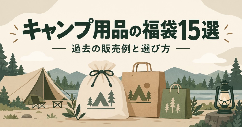 キャンプ用品の福袋15選と、過去の販売例・選び方を紹介するイラスト