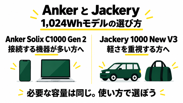 容量1024WhのAnker Solix C1000 Gen 2とJackery 1000 New V3を、接続端子の多さと持ち運びやすさで選ぶ比較図