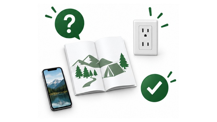 取扱説明書、コンセント、スマホと確認マークを並べたイラスト