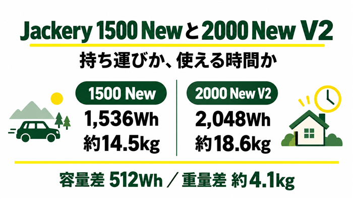 Jackery 1500 Newは1536Wh・14.5kg、2000 New V2は2048Wh・18.6kg。容量差512Wh、重量差4.1kgの比較図