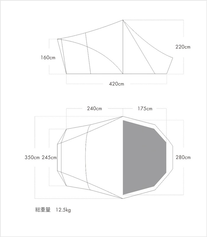 ゼインアーツ ロロMの幅350cm、奥行420cm、高さ220cmとインナー配置を示す寸法図