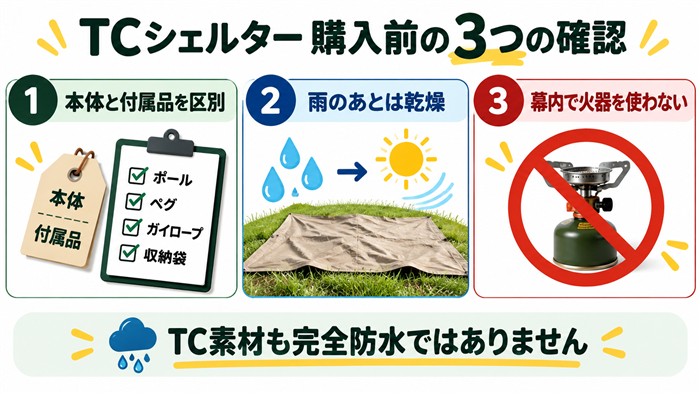 TCシェルター購入前に、付属品・雨のあとの乾燥・幕内で火器を使わないことを確認