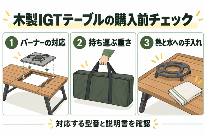 木製IGTテーブルのバーナー対応、運搬時の重さ、熱と水への対策を示す図