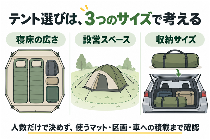 テント選びで寝床の広さ、設営スペース、収納サイズを分けて考える図