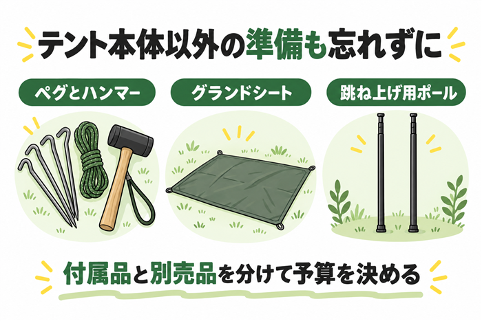 テント本体とは別にペグとハンマー、グランドシート、跳ね上げ用ポールを準備する図