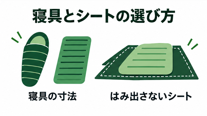 寝具の寸法と、テントの底からはみ出さないシートを確認する説明図