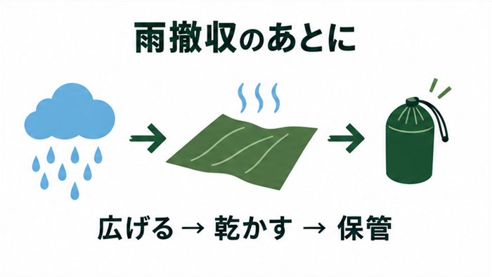 濡れたテントを広げ、乾燥させてから保管する手順