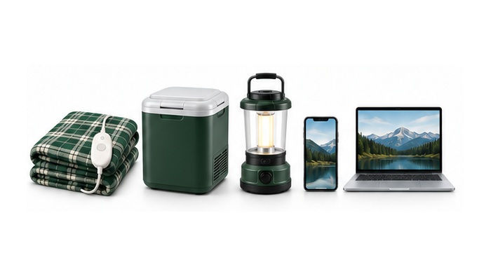 キャンプで使う電気毛布、小型冷蔵庫、ランタン、スマホ、ノートPCのイラスト