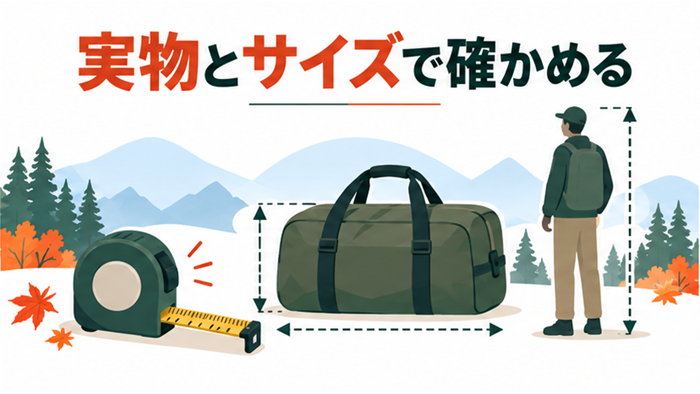 実物や収納サイズを人物、巻尺、バッグで確かめる説明図