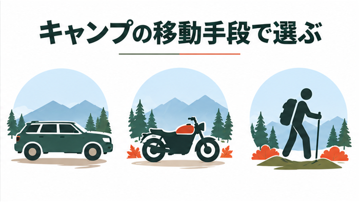 車、バイク、徒歩の移動手段ごとにテントの持ち運びを考える説明図