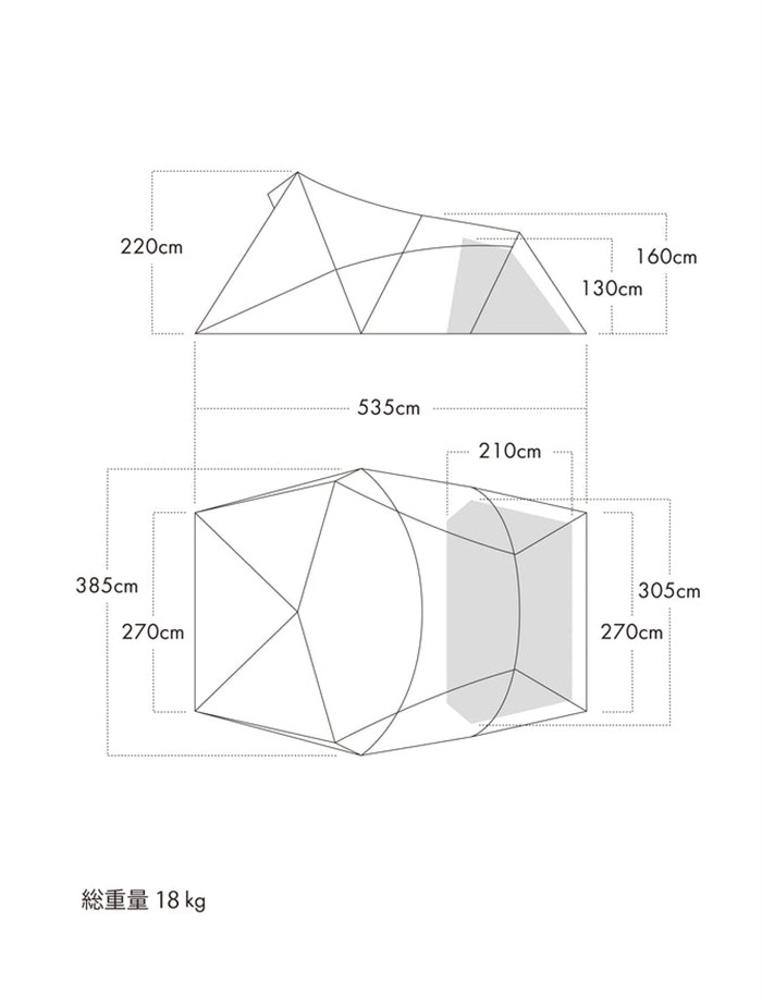 キイラの外寸とインナーテント270×210cmを示す公式寸法図